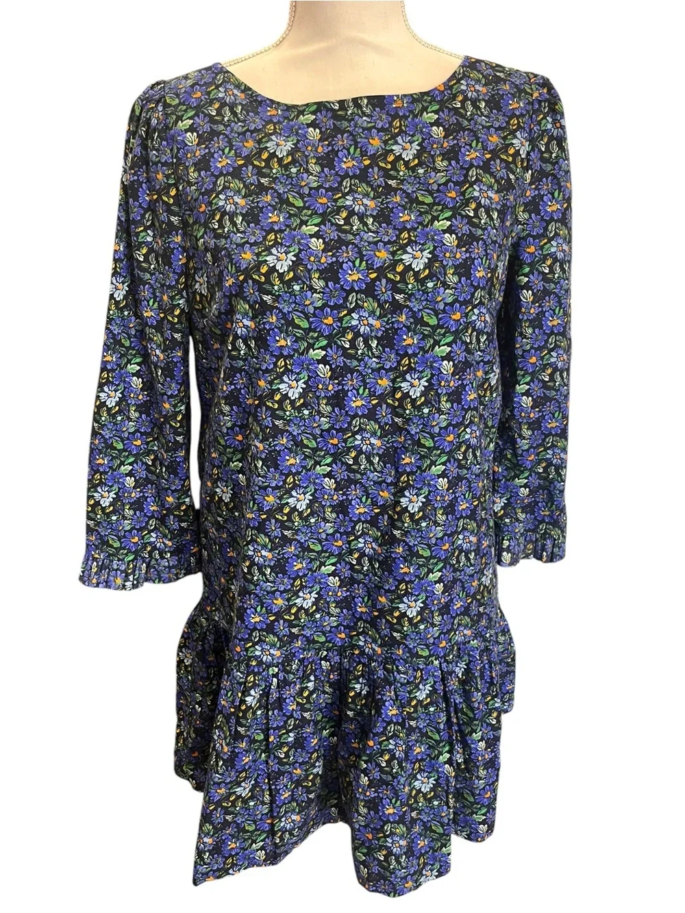 Free People The Avenue Floral Mini Dress Navy Open Back Ruffle Hem Boho Small